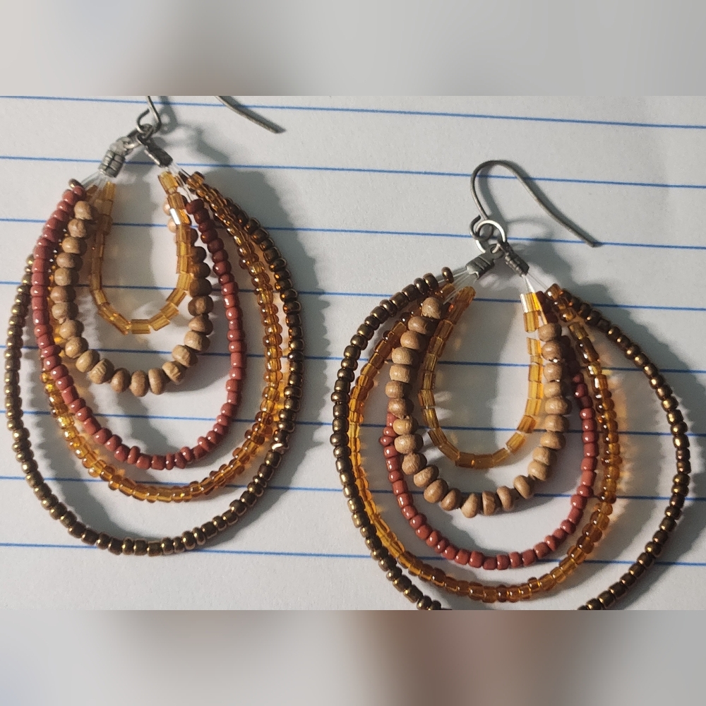 Multi - Tone Brown Copper Color Bead Loop Dangle Earrings
